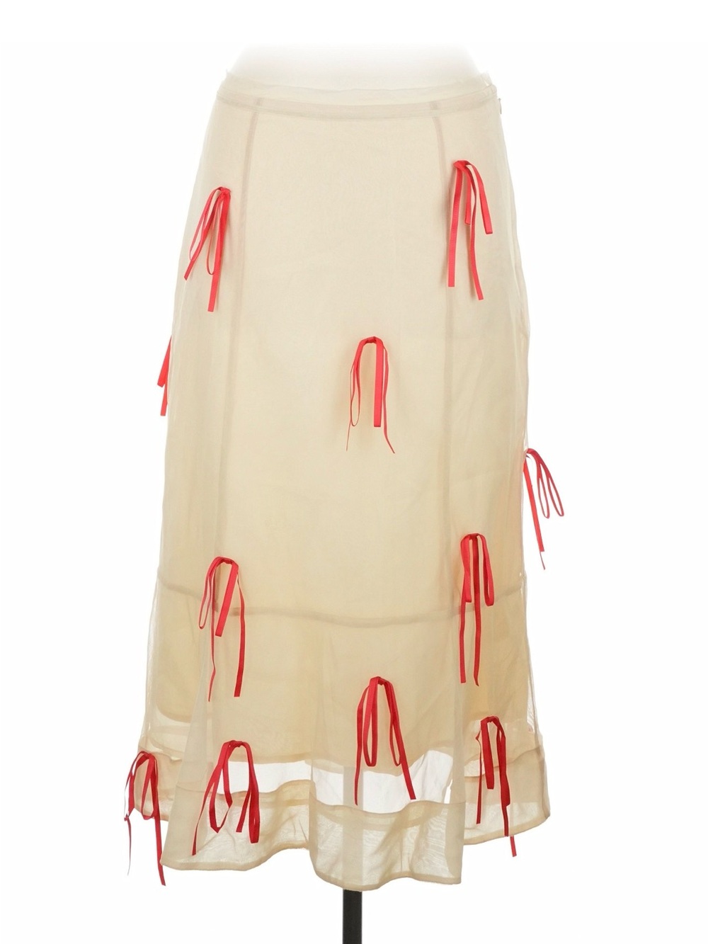 Maeve Beige Sheer Midi Skirt with Red Ribbon Ties